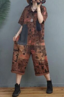Women Vintage Letter Patchwork Pocket Short Sleeve Jumpsuits -Layer Outfit 28528399876158 6