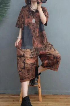 Women Vintage Letter Patchwork Pocket Short Sleeve Jumpsuits -Layer Outfit 28528399908926 3