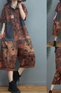 Women Vintage Letter Patchwork Pocket Short Sleeve Jumpsuits