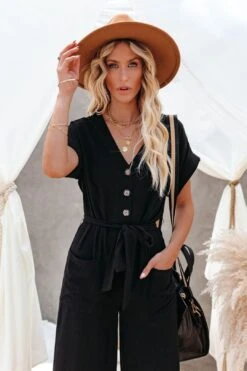 Brandy Linen Blend Pocketed Jumpsuit - Black -Layer Outfit 28606492311614 8