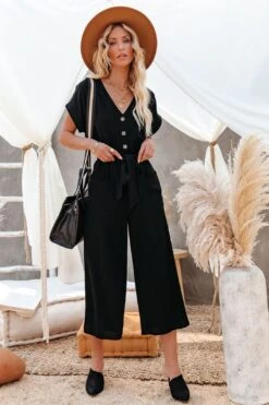 Brandy Linen Blend Pocketed Jumpsuit - Black