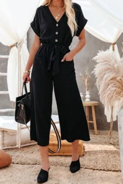 Brandy Linen Blend Pocketed Jumpsuit - Black -Layer Outfit 28606492573758 9
