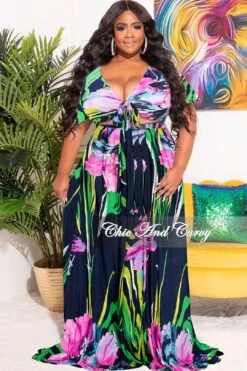 Final Sale Plus Size 2pc Cropped Tie Top And Skirt Set In Navy & Lilac Floral Print Summer -Layer Outfit 28732669329513 2