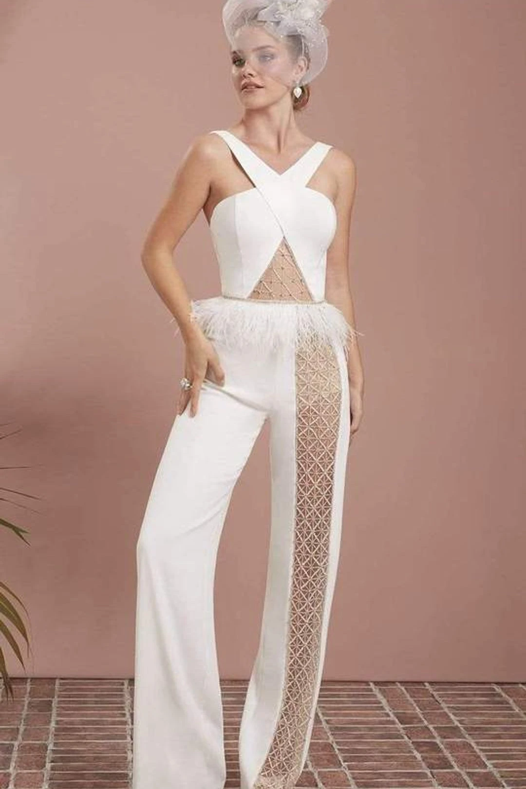 Saboroma - Criss Cross Halter Jumpsuit 49014 - 1 Pc Ivory In Size 14 Available 3 Saboroma - Criss Cross Halter Jumpsuit 49014 - 1 Pc Ivory In Size 14 Available