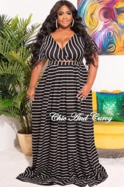 Final Sale Plus Size 2pc Set Crop Tie Top And Maxi Skirt In Black And White Stripe Print Fall