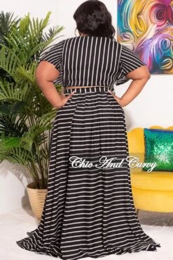 Final Sale Plus Size 2pc Set Crop Tie Top And Maxi Skirt In Black And White Stripe Print Fall -Layer Outfit 28878114357353 4