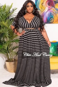 Final Sale Plus Size 2pc Set Crop Tie Top And Maxi Skirt In Black And White Stripe Print Fall -Layer Outfit 28878114390121 5