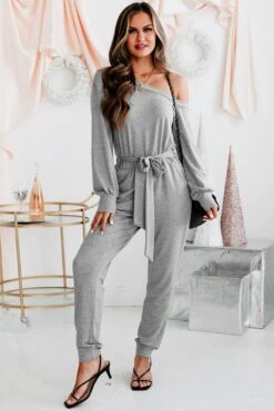 Cozy Connections One-Shoulder Tie-Waist Jumpsuit (Grey)