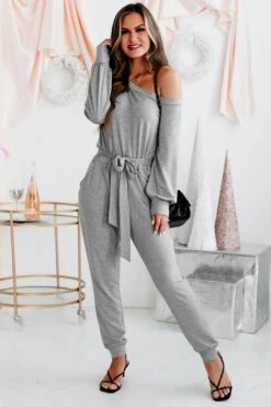 Cozy Connections One-Shoulder Tie-Waist Jumpsuit (Grey) -Layer Outfit 28908231720996 7