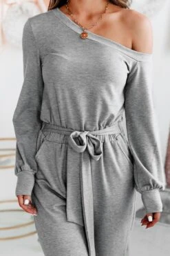 Cozy Connections One-Shoulder Tie-Waist Jumpsuit (Grey) -Layer Outfit 28908231983140 3