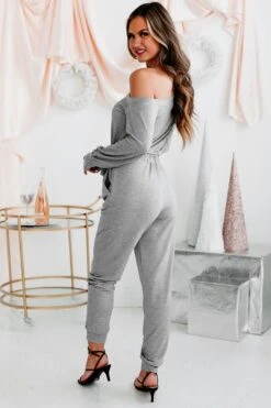 Cozy Connections One-Shoulder Tie-Waist Jumpsuit (Grey) -Layer Outfit 28908232146980 4