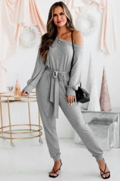 Cozy Connections One-Shoulder Tie-Waist Jumpsuit (Grey) -Layer Outfit 28908232179748 6
