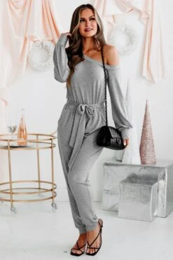 Cozy Connections One-Shoulder Tie-Waist Jumpsuit (Grey) -Layer Outfit 28908232310820 8