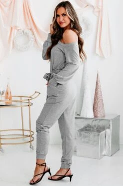 Cozy Connections One-Shoulder Tie-Waist Jumpsuit (Grey) -Layer Outfit 28908232540196 5