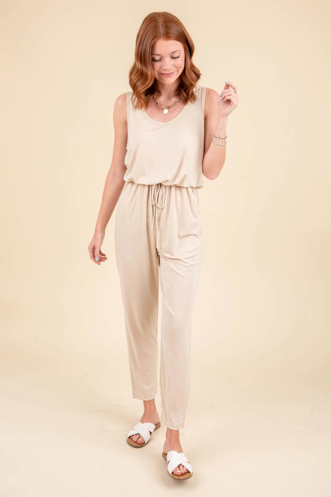 Going Nowhere Cream Sleeveless Drawstring Comfy Jumpsuit - FINAL SALE 7 Going Nowhere Cream Sleeveless Drawstring Comfy Jumpsuit - FINAL SALE - Image 5