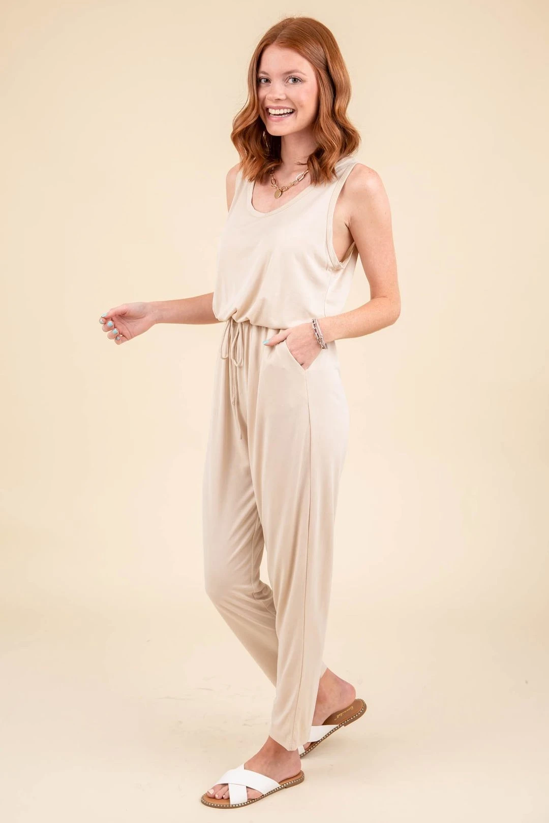 Going Nowhere Cream Sleeveless Drawstring Comfy Jumpsuit - FINAL SALE 8 Going Nowhere Cream Sleeveless Drawstring Comfy Jumpsuit - FINAL SALE - Image 6