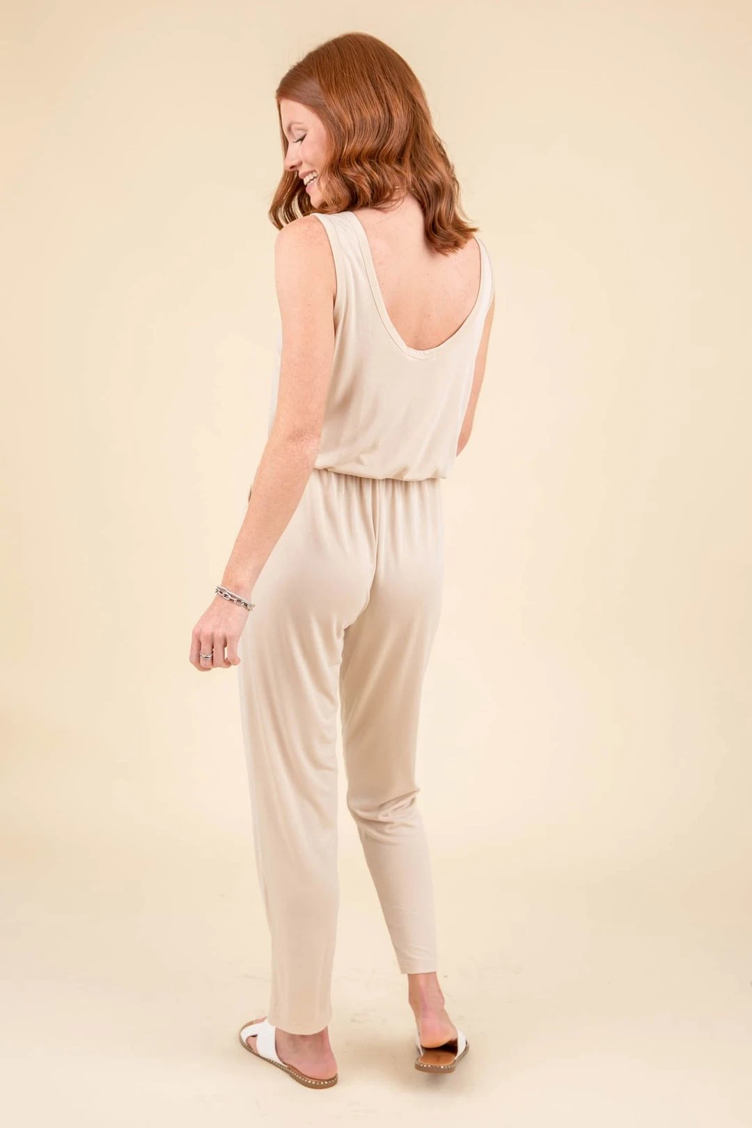 Going Nowhere Cream Sleeveless Drawstring Comfy Jumpsuit - FINAL SALE 5 Going Nowhere Cream Sleeveless Drawstring Comfy Jumpsuit - FINAL SALE - Image 3