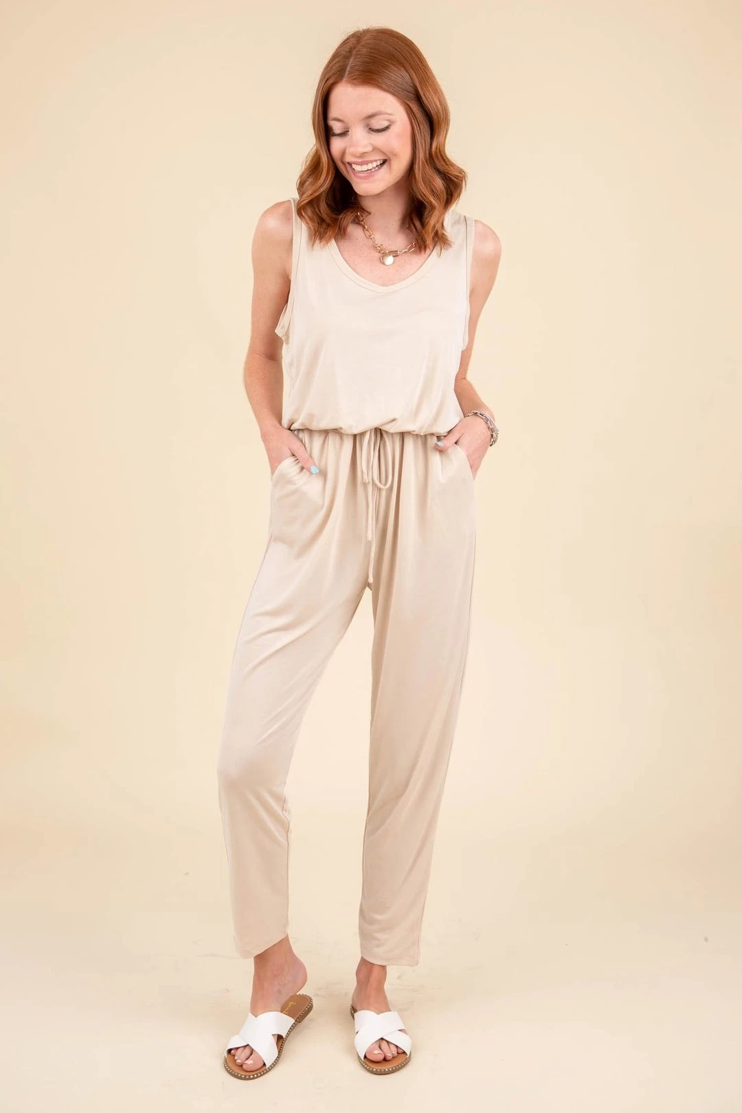 Going Nowhere Cream Sleeveless Drawstring Comfy Jumpsuit - FINAL SALE 3 Going Nowhere Cream Sleeveless Drawstring Comfy Jumpsuit - FINAL SALE