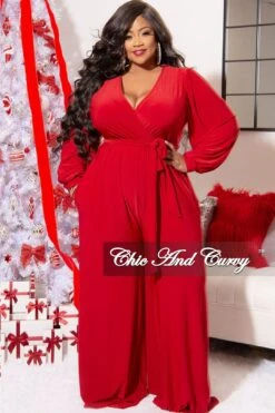 Final Sale Plus Size Faux Wrap Jumpsuit With Waist Tie In Red