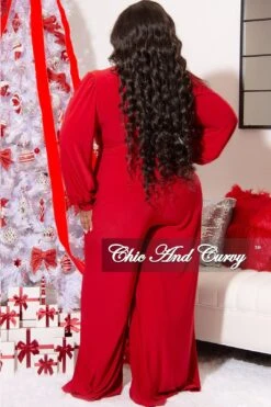 Final Sale Plus Size Faux Wrap Jumpsuit With Waist Tie In Red -Layer Outfit 29044325777513 5