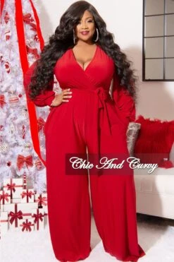 Final Sale Plus Size Faux Wrap Jumpsuit With Waist Tie In Red -Layer Outfit 29044325908585 3
