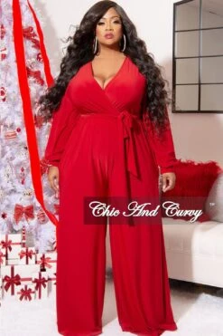 Final Sale Plus Size Faux Wrap Jumpsuit With Waist Tie In Red -Layer Outfit 29044325941353 4