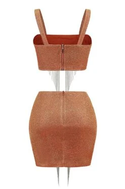 Shiny Glitter Two Piece Set Tassel Sleeveless Crop Top Mini Skirt -Layer Outfit 29158344753215 7