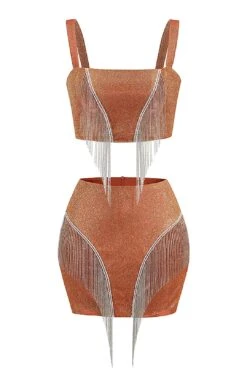 Shiny Glitter Two Piece Set Tassel Sleeveless Crop Top Mini Skirt -Layer Outfit 29158345277503 6