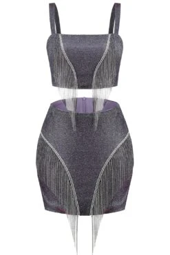 Shiny Glitter Two Piece Set Tassel Sleeveless Crop Top Mini Skirt -Layer Outfit 29158345343039 15
