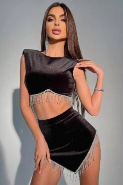 Crystal Tassel Velvet Two Piece Set Short Top High Waist Skirt In Black Brown Dark Green -Layer Outfit 29234427101247 8