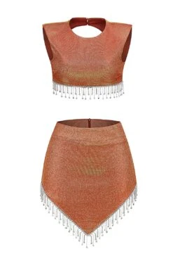 Crystal Tassel Velvet Two Piece Set Short Top High Waist Skirt In Black Brown Dark Green -Layer Outfit 29234427297855 9