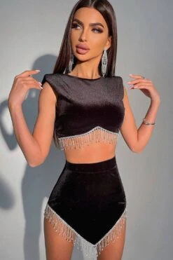 Crystal Tassel Velvet Two Piece Set Short Top High Waist Skirt In Black Brown Dark Green -Layer Outfit 29234427330623 4