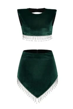 Crystal Tassel Velvet Two Piece Set Short Top High Waist Skirt In Black Brown Dark Green -Layer Outfit 29234427363391 19