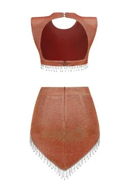 Crystal Tassel Velvet Two Piece Set Short Top High Waist Skirt In Black Brown Dark Green -Layer Outfit 29234427428927 10