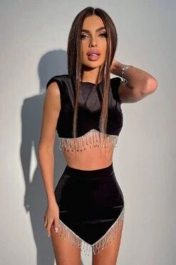 Crystal Tassel Velvet Two Piece Set Short Top High Waist Skirt In Black Brown Dark Green