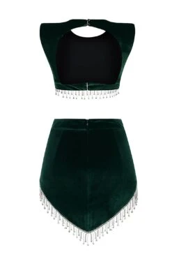 Crystal Tassel Velvet Two Piece Set Short Top High Waist Skirt In Black Brown Dark Green -Layer Outfit 29234427920447 20