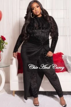 Final Sale Plus Size 2pc Set With Jumpsuit And Skirt Set In Black Velvet -Layer Outfit 29305242648681 5