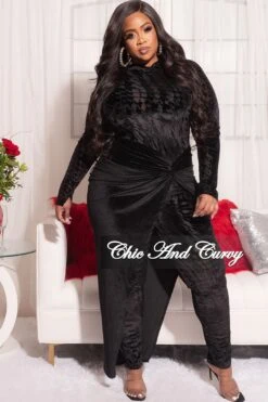 Final Sale Plus Size 2pc Set With Jumpsuit And Skirt Set In Black Velvet -Layer Outfit 29305242681449 3