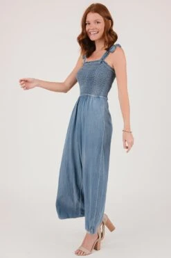 Tell Your Friends Chambray Smocked Shoulder Tie Jumpsuit - FINAL SALE -Layer Outfit 29365000732726 3