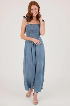Tell Your Friends Chambray Smocked Shoulder Tie Jumpsuit - FINAL SALE -Layer Outfit 29365000798262 2