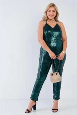 Sequin V-neck Criss Cross Open Back Bodycon Jumpsuit