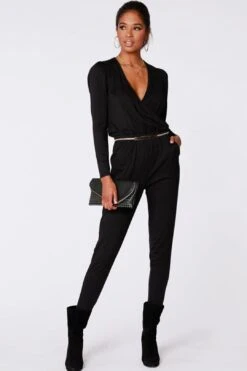 Bobi - Shirred Sleeve Surplice Jumpsuit Black