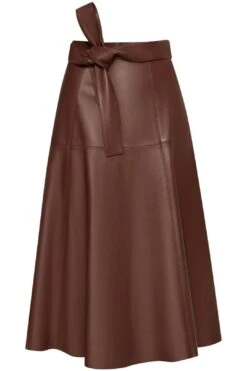 TIE DETAIL LEATHER MIDI SKIRT - Mocha