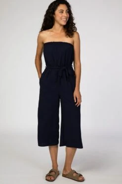 Navy Blue Strapless Wide Crop Leg Maternity Jumpsuit 11 Navy Blue Strapless Wide Crop Leg Maternity Jumpsuit -Layer Outfit 29582921465910 5