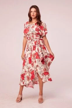 Adri Hot Coral Floral Wrap Maxi Skirt -Layer Outfit 29589348089928 5