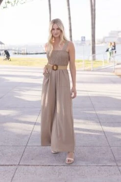 Faith Sleeveless Wide Leg Jumpsuit Taupe 14 Faith Sleeveless Wide Leg Jumpsuit Taupe -Layer Outfit 29603986178150 3