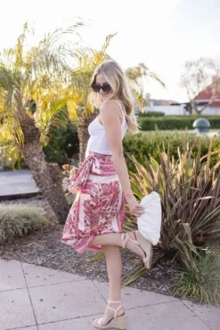 Josephine High Waisted Paisley Print Wrap Midi Skirt Pink -Layer Outfit 29603994075238 6