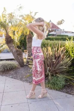 Josephine High Waisted Paisley Print Wrap Midi Skirt Pink -Layer Outfit 29603994501222 8