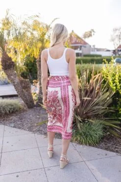 Josephine High Waisted Paisley Print Wrap Midi Skirt Pink -Layer Outfit 29603994632294 10