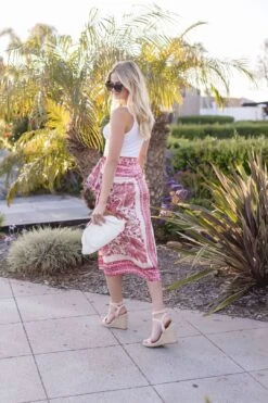 Josephine High Waisted Paisley Print Wrap Midi Skirt Pink -Layer Outfit 29604507517030 9